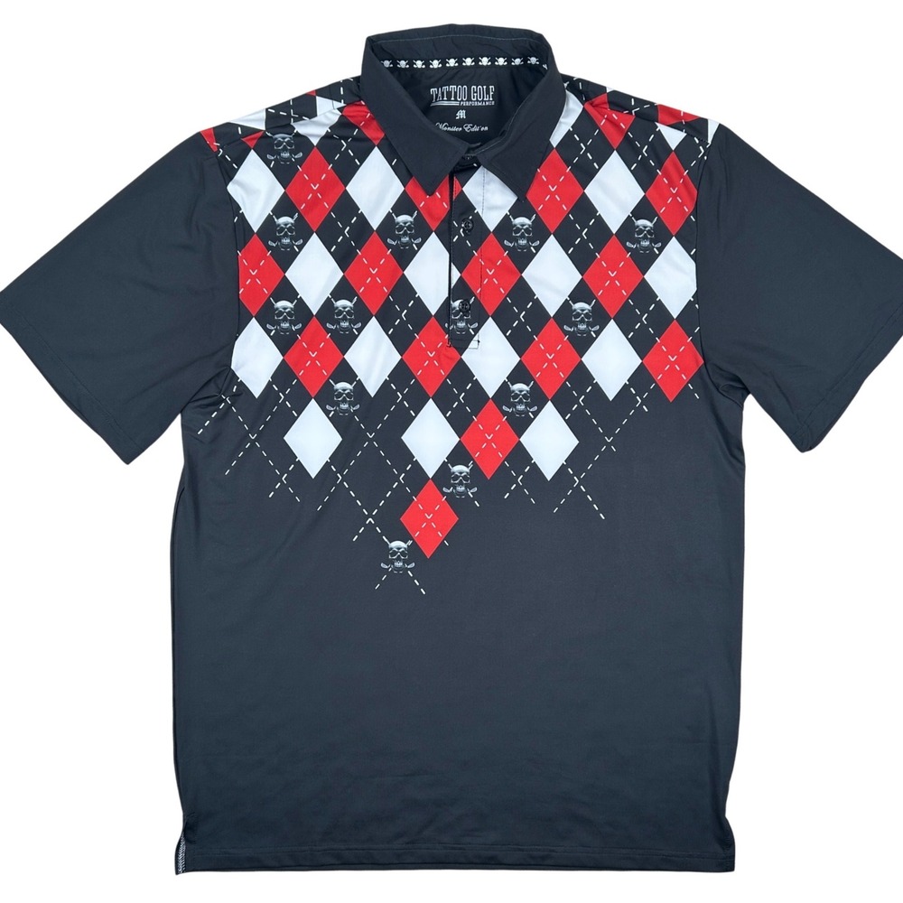 Tattoo Golf Polo Shirt Monster Edition Mens M Black Red Argyle‎ Skull Goth Punk